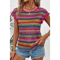 Rose Red Jacquard Textured Tasseled Cap Sleeve Top - L thumbnail