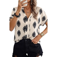 Black Geometric Print Short Sleeve V Neck Blouse - M thumbnail