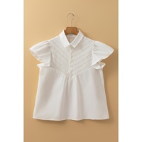 White Half Button Lace Patchwork Flutter Sleeve Blouse - M thumbnail
