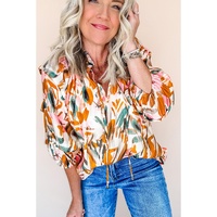 Yellow Abstract Print Drawstring Frilled V Neck 3/4 Sleeve Blouse - L thumbnail