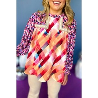 Rose Red Abstract Geometric Pattern Patchwork Puff Sleeve Blouse - L thumbnail