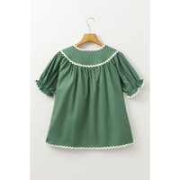 Mist Green Ric Rac Trim Tie Split Neck Short Sleeve Blouse - L thumbnail