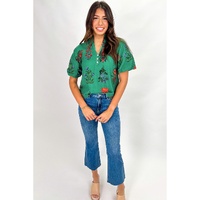 Bright Green Floral Print Buttoned V Neck Short Sleeve Blouse - L thumbnail