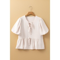 White Bow Tie Short Puff Sleeve Ruffle Hem Blouse - L thumbnail