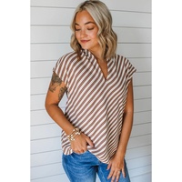 Chestnut Striped Stand V Neck Short Sleeve Blouse - L thumbnail