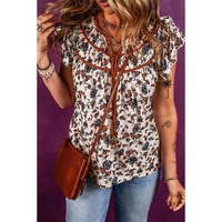 White Floral Frilly Blouse with Lace Up - M thumbnail