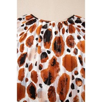 Brown Metallic Threading Accents Pleated Abstract Printed Ruffled 3/4 Sleeve Blouse - L thumbnail