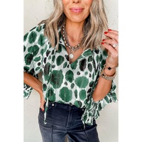 Green Metallic Threading Accents Pleated Abstract Printed Ruffled 3/4 Sleeve Blouse - S thumbnail