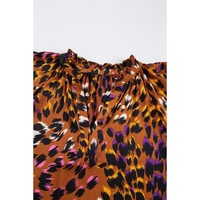 Orange Leopard Printed Draped Short Sleeve Slit V Neck Blouse - L thumbnail