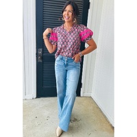 Sachet Pink V-Neck Ruffle Abstract Floral Print Puff Sleeve Top - L thumbnail