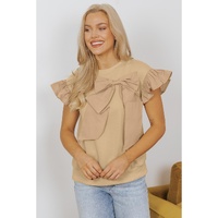 Parchment Two Tones Ribbon Bow Ruffle Sleeve Top - XL thumbnail