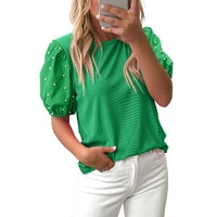 Bright Green Ribbed Pearl Beaded Puff Sleeve Top - L thumbnail