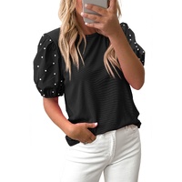 Black Ribbed Pearl Beaded Puff Sleeve Top - XL thumbnail