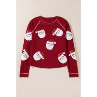 Red Sequin Santa Claus Graphic Textured Long Sleeve Top - XL thumbnail