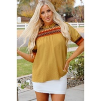 Mustard Geometric Short Puff Sleeve Frilled Collar Blouse - L thumbnail