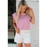 Sachet Pink Striped Crew Neck Cap Sleeve T Shirt - L thumbnail