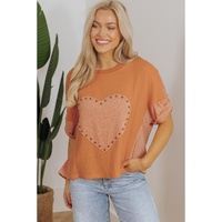 Desert Gold Stud Heart Patch Textured Front Dolman Top - S thumbnail