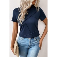 Dirty blue Solid Color Toothpick Stripe Round Neck T Shirt - 2XL thumbnail