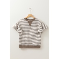 Parchment Contrast Detail Striped Ruffle Short Sleeve Top - L thumbnail