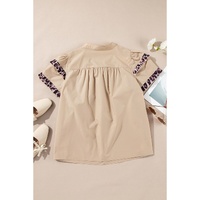 Smoke Gray Leopard Ruffles Trim Tiered Short Sleeve Blouse - L thumbnail