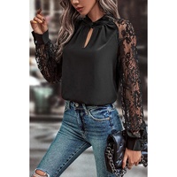 Black Keyhole Neckline Floral Lace Raglan Sleeve Blouse - M thumbnail