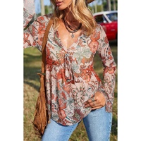 Orange Floral Print Deep V Neck Knot Bell Sleeve Blouse - L thumbnail