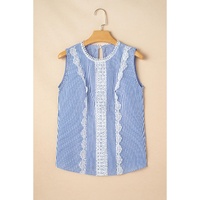 Sky Blue Stripe Lace Patchwork Crew Neck Tank Top - M thumbnail