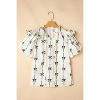 Beige Bow Printed Ruffled Bubble Sleeve Tied Notched V Neck Blouse - L thumbnail