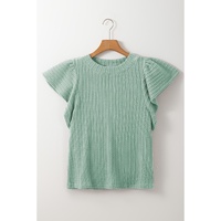Moonlight Jade Solid Color Textured Flutter Sleeve Top - L thumbnail