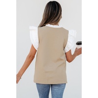 Pale Khaki Contrast V Neck Ruffled Textured Knit Top - L thumbnail
