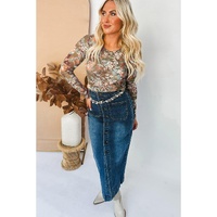 Green Floral Print Mesh Fitted Long Sleeve Top - M thumbnail