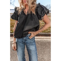 Black Ruffled Puff Short Sleeve Loose Blouse - S thumbnail