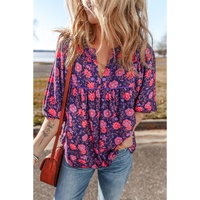 Purple Floral Half Sleeve Split Neck Blouse Top - L thumbnail