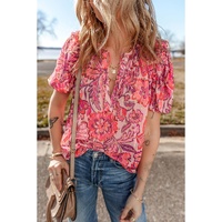 Red Floral Print Ruffled Puff Short Sleeve Blouse - L thumbnail