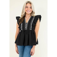 Black Contrast Ricrac Trim Ruffled V Neck Peplum Top - L thumbnail
