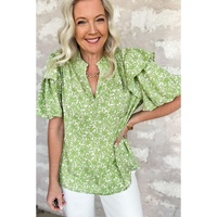 Light Green Floral Ruffle Puff Short Sleeve Frilled Collar V Neck Blouse - L thumbnail