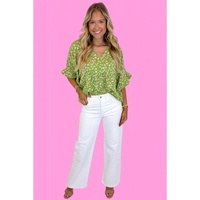 Green Floral Print Ruffle Sleeve V Neck Blouse Top - S thumbnail