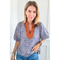 Ashleigh Blue Leopard Print Spot Contrast V Neck Half Puff Sleeve Shirt - L thumbnail