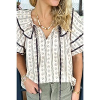 White Floral Ruffled Collar Short Puff Sleeve Printed Blouse - XL thumbnail