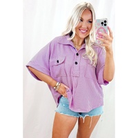 Orchid Bouquet Corded Flap Pocket Collared Buttoned Short Sleeve Blouse - L thumbnail