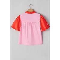 Pink Floral Embroidered Notch V Neck Puff Sleeve Babydoll Blouse - XL thumbnail