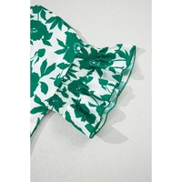 Green Floral Printed Ruffled Short Sleeve Round Neck Loose Blouse - L thumbnail