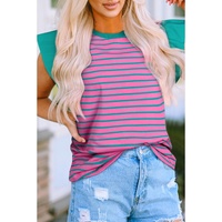 Pink Stripe Colorblock Ruffled Sleeve Crew Neck Blouse - L thumbnail