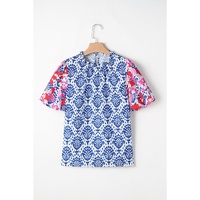 Blue Western Fashion Print Floral Puff Sleeve Frilled Neck Blouse - L thumbnail