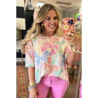 Multicolour Bowknot Printed Waffle Crewneck Loose Short Sleeve Top - M thumbnail