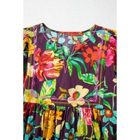 Greyish Purple Rose Flower Embroidered Trim Half Sleeve Blouse - M thumbnail