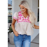 Beige Floral Embroidered Short Sleeve Notched V Neck Blouse - M thumbnail