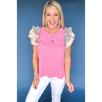 Bonbon Striped Ruffle Flutter Sleeve Ribbed Blouse - L thumbnail