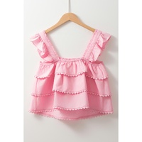 Pink Tiered Heart Trim Square Neck Flutter Top - M thumbnail