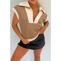 Simply Taupe Half Zipper Collared Colorblock Short Sleeve Top - L thumbnail